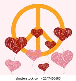 Icon, sticker in hippie style with orange Peace sign and pink and red hearts on beige background. Retro style	
