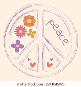 Icon, sticker in hippie style with Peace sign, text peace and flowers on beige background. Retro style