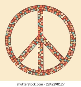 Icon, sticker in hippie style with Peace sign and flowers on beige background. Retro style