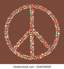 Icon, sticker in hippie style with Peace sign and flowers on beige background. Retro style	