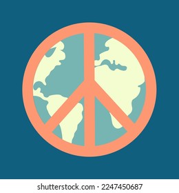 Icon, sticker in hippie style with Peace sign and  earth on background. Retro style	