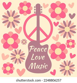 Icon, sticker in hippie style with purple guitar, peace sign, flowers, hearts and text Peace, Love, Music on beige background. Retro style
