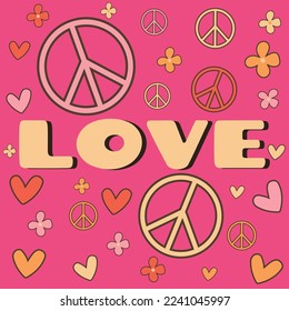 Icon, sticker in hippie style with text Love and flowers, hearts, peace signs on bright pink background in retro style