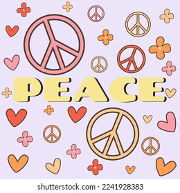 Icon, sticker in hippie style with text Peace and flowers, hearts, peace signs on blue background in retro style	