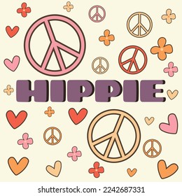 Icon, sticker in hippie style with text Hippie and flowers, hearts, peace signs on beige background in retro style	