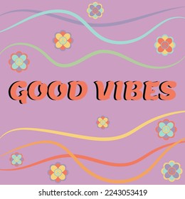 Icon, sticker in hippie style with text Good vibes and flowers,  peace signs on pink background with waves in retro style.	