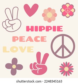 Icon, sticker in hippie style with text Love, Peace, Hippie and hearts, victory signs, flowers in retro style.	