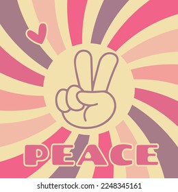 Icon, sticker in hippie style with V sign, heart and text Peace on wave background	