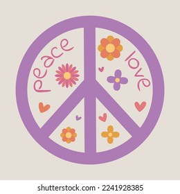 Icono, pegatina al estilo hippie con signo de paz violeta, texto de paz, amor y flores y corazones sobre fondo beige. Estilo retro