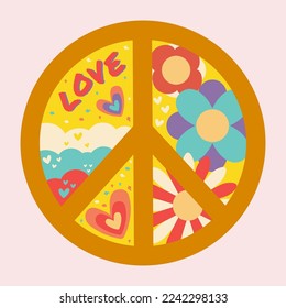 Icon, sticker in hippie style with violet Peace sign, text love and flowers and hearts on beige background. Retro style