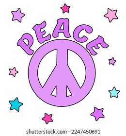 Icon, sticker in hippie style with violet Peace sign, text Peace and stars on white background. retro style