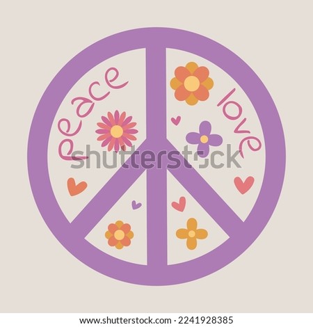 Icon, sticker in hippie style with violet Peace sign, text peace, love and flowers and hearts on beige background. Retro style