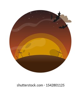 Icon, sticker. A huge full moon rises above the cemetery. Bats and the starry sky. Flat design. Vector illustration.