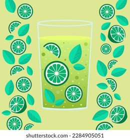 Icon, sticker, illustration. Glass with Lime and mint cocktail with bubbles on blue background. Slice and half lime on each side. Summer, cocktail, fruit