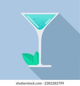 Icon, sticker, illustration. Martini Glass with mint cocktail with bubbles on blue background. Summer, cocktail