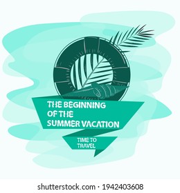 the icon is a sticker for making a design on the theme of recreation vacation and travel, a lifebuoy shell with a palm leaf, and a flag with an inscription slogan, the background can be removed