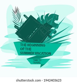 icon sticker for making a design on the theme of recreation vacation and travel, palm trees with paper planes with a flag, an inscription with a slogan, the background can be removed