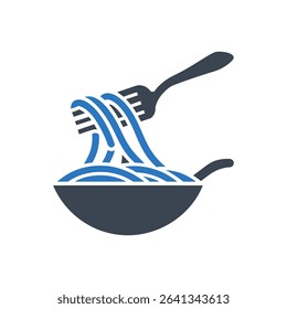 Icon of stir-frying noodles in a pan with a fork