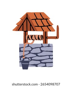 Ícone de pedra bem com roldana, corda e balde. Antiga fonte de água na aldeia, fazenda. Construção de campo para beber, refrescar. Ilustração de vetor desenhada à mão isolada plana em branco