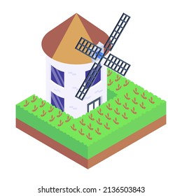 An icon of stone windmill in isometric design, premium download

