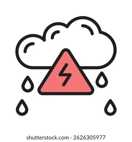Icono de una nube de tormenta con lluvia y un triángulo de advertencia de relámpago