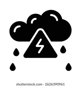 Icono de una nube de tormenta con lluvia y un triángulo de advertencia de relámpago