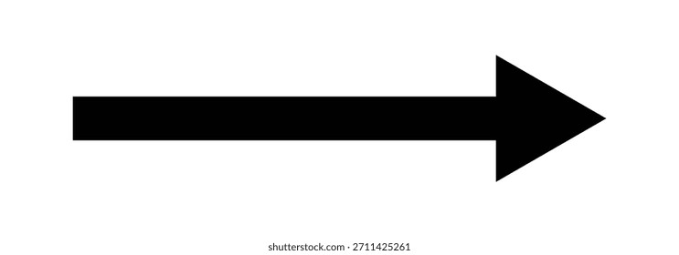 Symbol eines geraden, spitzen, langen Pfeils. Schwarzer Pfeil, der die Richtung nach rechts anzeigt. Vektor, langer Pfeil einzeln auf weißem Hintergrund.