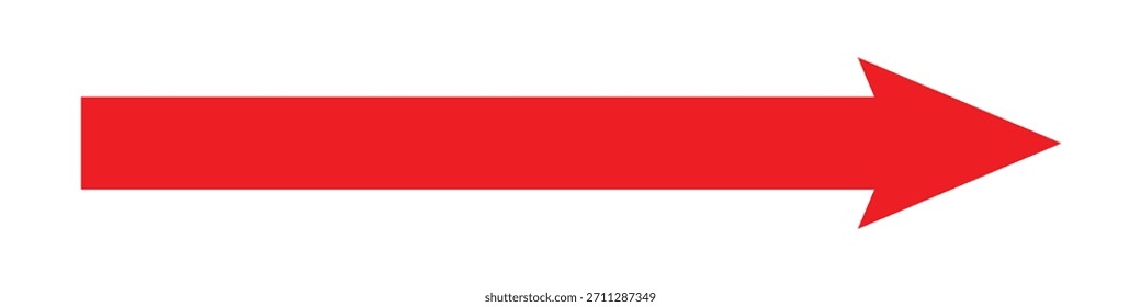 Icono de una flecha larga roja puntiaguda recta. Flecha roja que indica la dirección hacia la derecha. Flecha larga del Vector aislada en el fondo blanco.