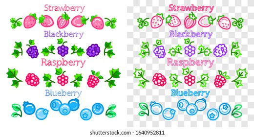 Icon strawberry, blackberry, raspberry, blueberry and text. Natural vegetarian product, logo for farmers market, packaging element. White background transparent in EPS. Vector illustration.