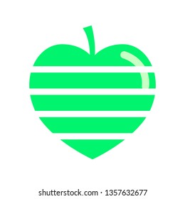 Icon striped green apple in the shape of a heart with a flare. Vector emblem in flat style.