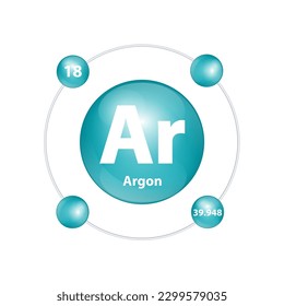Icon structure Argon (Ar) chemical element round shape circle dark green with surround ring. Number shows of energy levels of electron. Study science for education. 3D Illustration vector.
