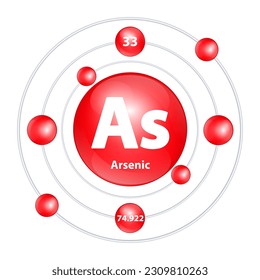 Icon structure Arsenic (As) chemical element round shape circle light red with surround ring. 3D Illustration vector. Period number shows of energy levels of electron. Study science for education