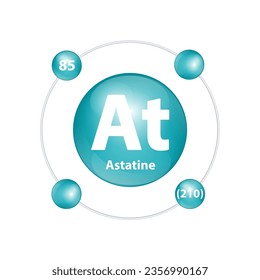 Icon structure Astatine (At) chemical element round shape circle dark green with surround ring. Number shows of energy levels of electron. Study science for education. 3D Illustration vector.