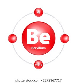 Icon structure Beryllium (Be) chemical element round shape circle light red with surround ring. 3D Illustration vector. Period number shows of energy levels of electron. Study science for education.