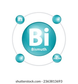 Icon structure Bismuth (Bi) chemical element round shape circle dark green with surround ring. Number shows of energy levels of electron. Study science for education. 3D Illustration vector.