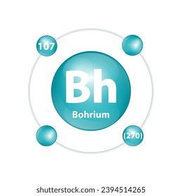 Icon structure Bohrium (Bh) chemical element round shape circle dark green with surround ring. Number shows of energy levels of electron. Study science for education. 3D Illustration vector.
