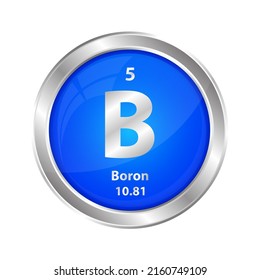 Icon structure Boron (B) chemical element round shape circle blue line silver. Chemical element of the periodic table. Sign with atomic number. Study in science for education. 3D vector illustration.