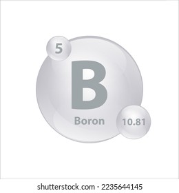 Estructura del icono El elemento químico Boron (B) forma redondeada círculo gris, plata fácilmente. Elemento químico de la tabla periódica Signo con número atómico. Estudio en ciencia para la educación. Vector de ilustración 3D