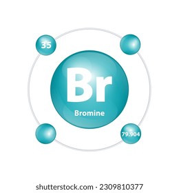Icon structure Bromine (Br) chemical element round shape circle dark green with surround ring. Number shows of energy levels of electron. Study science for education. 3D Illustration vector.