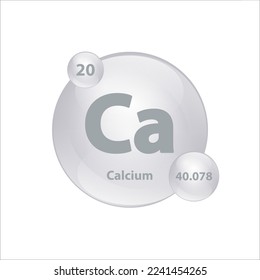 Symbolstruktur Calcium (Ca) chemisches Element rund Form Kreis grau, Silber leicht. Chemisches Element der periodischen Tabelle Zeichen mit Atomnummer. Studium der Wissenschaft für Bildung. 3D-Illustrationsvektor.