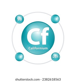 Icon structure Californium (Cf) chemical element round shape circle dark green with surround ring. Number shows of energy levels of electron. Study science for education. 3D Illustration vector.