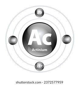 Icon structure chemical element 	Actinium (Ac) round shape circle black with surround ring. Period number shows of energy levels of electron. Study science for education. 3D Illustration vector.