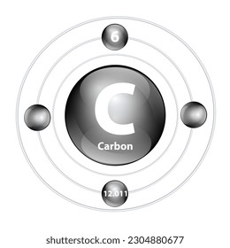 Icon structure chemical element 	Carbon (C) round shape circle black with surround ring. Period number shows of energy levels of electron. Study science for education. 3D Illustration vector.