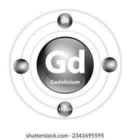 Icon structure chemical element 	Gadolinium (Gd) round shape circle black with surround ring. Period number shows of energy levels of electron. Study science for education. 3D Illustration vector.