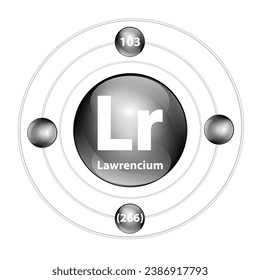 Icon structure chemical element 	Lawrencium (Lr) round shape circle black with surround ring. Period number shows of energy levels of electron. Study science for education. 3D Illustration vector.