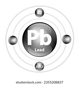 Icon structure chemical element 	Lead (Pb) round shape circle black with surround ring. Period number shows of energy levels of electron. Study science for education. 3D Illustration vector.