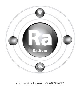 chemisches Icon-Element 	Rum (Ra) runder Formkreis schwarz mit Surround-Ring. Die Periodenzahl zeigt den Energiegehalt von Elektron. Studiere Wissenschaft für Bildung. 3D-Illustrationsvektor.