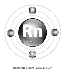 Elemento químico de estructura de iconos 	Radon (Rn) forma redonda círculo negro con anillo envolvente. Número de periodo muestra niveles de energía de electrones. Estudiar ciencia para la educación. Vector de ilustración 3D.
