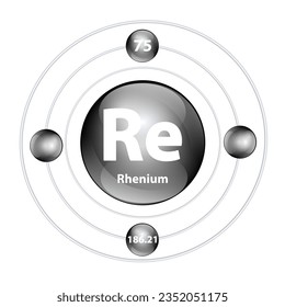 Icon structure chemical element 	Rhenium (Re) round shape circle black with surround ring. Period number shows of energy levels of electron. Study science for education. 3D Illustration vector.