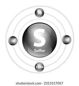 chemisches Icon-Element 	Schwefel (S) Rundform Kreis schwarz mit Surround Ring. Die Periodenzahl zeigt den Energiegehalt von Elektron. Studiere Wissenschaft für Bildung. 3D-Illustrationsvektor.